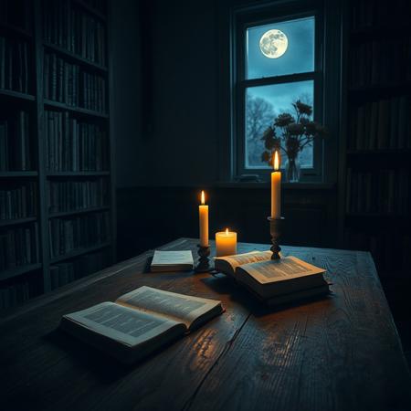 The surface is a worn, wooden table with a few books scattered haphazardly, their pages slightly crinkled from the moisture in the air. The table is situated in the corner of a small, dimly lit room, with a single window letting in a sliver of moonlight. The walls are lined with shelves filled with more books, their spines worn from years of use. A vase of wilted flowers sits on a nearby windowsill, their once-vibrant colors now faded and dull. The overall atmosphere is one of quiet reflection and somberness.
The viewer is observing this scene from a low angle, as if they are sitting on the floor, looking up at the table. The candle's flame dances and flickers, casting shadows on the walls and creating a sense of intimacy and introspection. The soft glow of the candlelight illuminates the surface of the table, casting a warm, inviting light on the books and flowers. The rest of the room is shrouded in darkness, with only the faintest hint of moonlight peeking through the window.