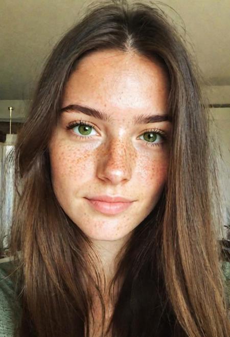 instagram selfie , a 23 year old gorgeous woman , slight smirk, detailed skin face and eyes , natural lighting , at home , long hair, low contrast, natural face , freckles , brunette hair , green eyes