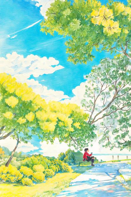 green tree, outdoors, bench, traditional media, park, solo, scenery, road, 1girl, day,sitting, grass, outdoor, sunny day, road, white clouds, distant view, <lora:Colored lead_20230801210009:0.82>