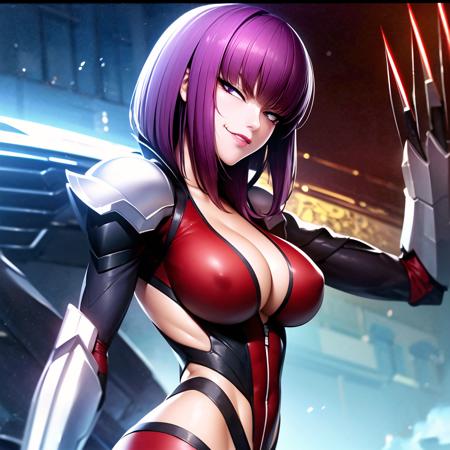 mature female, side view, armor, shoulders, red bodysuit, gloves, (claw (weapon):1.1), (holding claws:1.1), from side, purple hair, short hair, large breasts, (narrow waist:1.1), cleavage, perfect body, (athletic body:1.1), soft skin, anime face, perfect face, perfect eyes, (purple irises:1.1), round iris, anime eyes, smoky eyeliner, eyeshadow, plump cheeks, asian, plump lips, smirking, (smug facial expression:1.1), looking at viewer, sharp focus, intricate details, perfect quality, masterpiece painting, professional artwork, cinematic lighting, ultra detailed body, ultra detail hair, ultra detail face, trending on pixiv, by Kagami Hirotaka, by Harue Koga, <lora:Oboro_Taimanin_v1:0.8>,