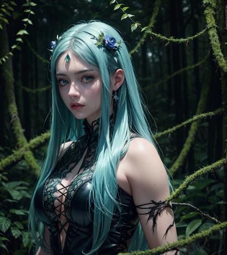 cinematic still, filmed by Guillermo del Toro, Amidst a deep dark forest, an enigmatic being appears--an amalgamation of flora and fauna, with vines for hair, eyes gleaming like embers, and skin adorned with iridescent scales