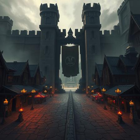 A liminal space within Orgrimmar from World of Warcraft. The grand gates of the city stand open, but the usual bustle of life is eerily absent. The towering stone walls loom high above, casting long, unnatural shadows over the empty streets. The iconic torches lining the roads flicker, but no sounds of movement or conversation echo through the once lively market.
The buildings, made of dark stone and rough wood, seem to close in on the empty pathways, their windows dark, their doorways abandoned. The air feels thick and still, as if the entire city is holding its breath, suspended in time. The wind stirs the banners but does little else, leaving the city feeling unnaturally quiet. The usually vibrant and chaotic heart of the Horde is now a ghost town, isolated and forgotten, creating a deep sense of solitude as you wander through its desolate streets.