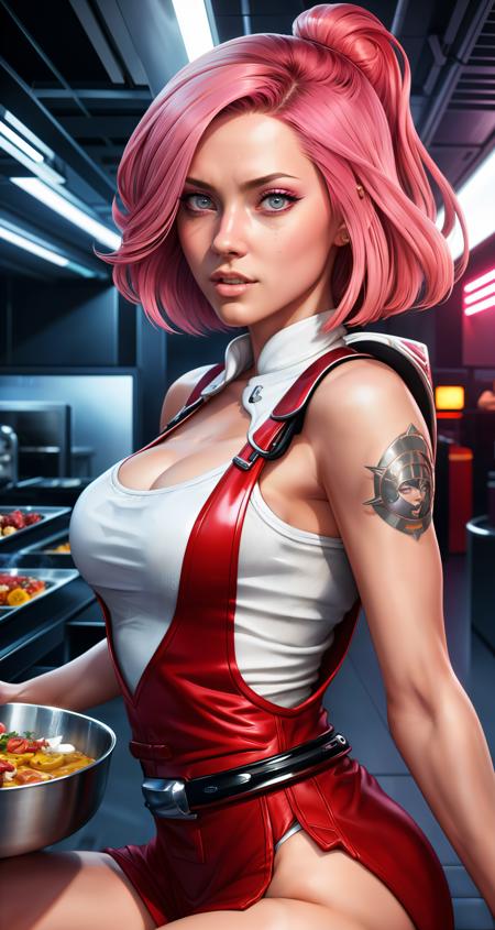 woman, solo, chef, pink hair, light pink eyes, detailed face, 
([Elizabeth Banks|Adriana Lima|Salma Hayek]:0.85),  (thepit style, uodenim style, stanleylau style, :0.9), 
masterpiece, professional, high quality, beautiful, amazing, sci-fi, ConceptArtWorld, 
chanchanko, Steve Dillon, Jean Giraud, photoshoot, 4k, realistic, detailed background, aspiring, real life,