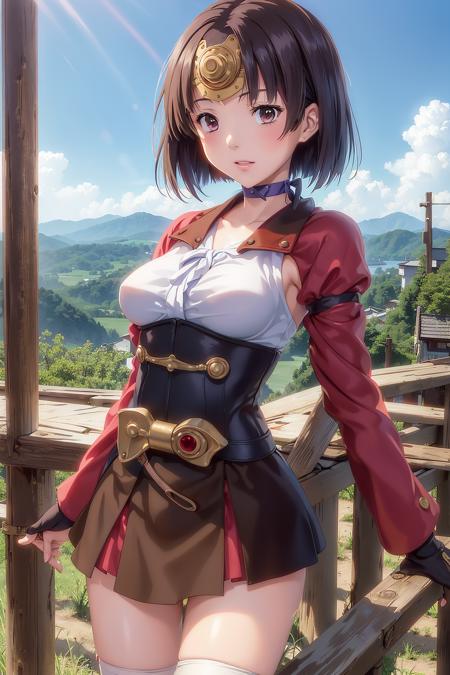 mumei_\(kabaneri\)，(8k, RAW photo, best quality, masterpiece:1.2), (realistic, photo-realistic:1.37),best quality,(photorealistic:1.4)best quality, beautiful lighting，1girl,looking_at_viewe，bandages,  (bandaged_leg), short_hair, breasts, ribbon_choker, solo, choker, brown_eyes, brown_hair, bandaged_leg,japanese_clothes,(fingerless_gloves),red_eyes, corset, purple_ribbon,blue_bow,(leg_wrap), howlbgs, mountains, clouds，(face),sash,on the beach, (sad)