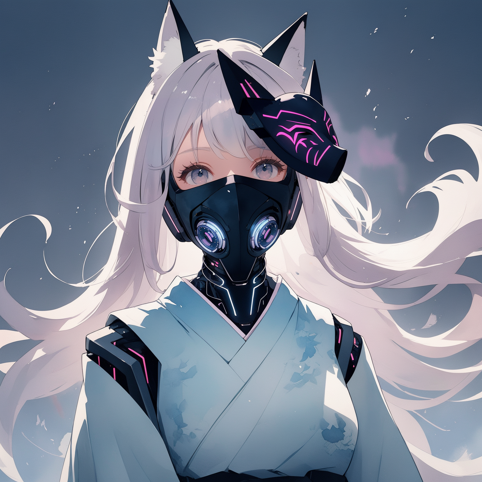(girl:1.3), simple background, ultra detailed,  (cyber mask:1.4), kimono, wide shot, fox
BREAK
, Illustrate a translucent ...