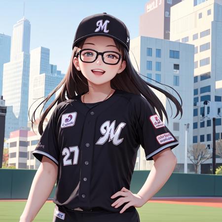 best quality, ultra-detailed, illustration,
chibalotteV, baseball cap, baseball uniform, black shirt,
1girl, solo, glasses, black hair, long hair, standing,  outdoors, street, city, cityscape, happy, laughing, smile, upper body, looking at viewer, 
<lora:Chiba_LOTTE_MARINES_Visitor_uniform_SD15_V1:0.8>