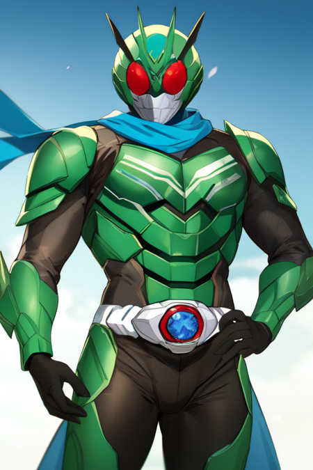 kamen rider, wind, green armor, blue scarf