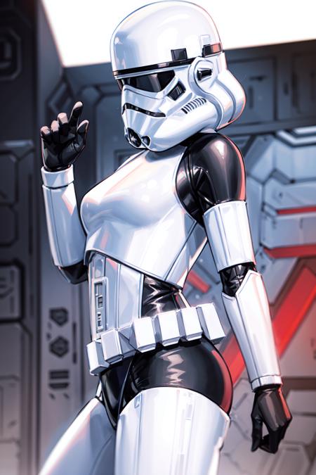 storm trooper, helmet, white armor, science fiction, star wars, pose, 1girl, solo, [black bodysuit], medium breasts, from side