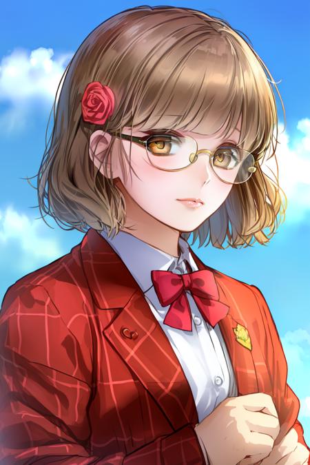 ichigestyle, 1girl, solo, brown hair, hair ornament, brown eyes, short hair, hairclip, looking at viewer, flower, jacket, upper body, bangs, shirt, holding, white shirt, eyewear removed, red bow, bow, school uniform, red jacket, white flower, collared shirt, holding eyewear, rose, long sleeves, parted lips