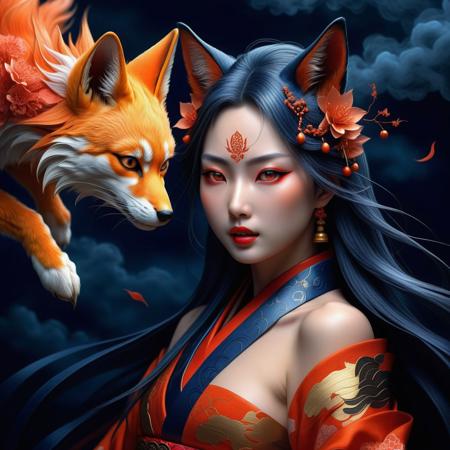 Ultra realistic color pencil  image a kitsune in female form, seducing a samurai..
BREAK
Deep dark intense midnight blue misty background, Dark theme, dynamic lighting, (soft shadows), (soft focus), (photo realistic), uhd, 8k