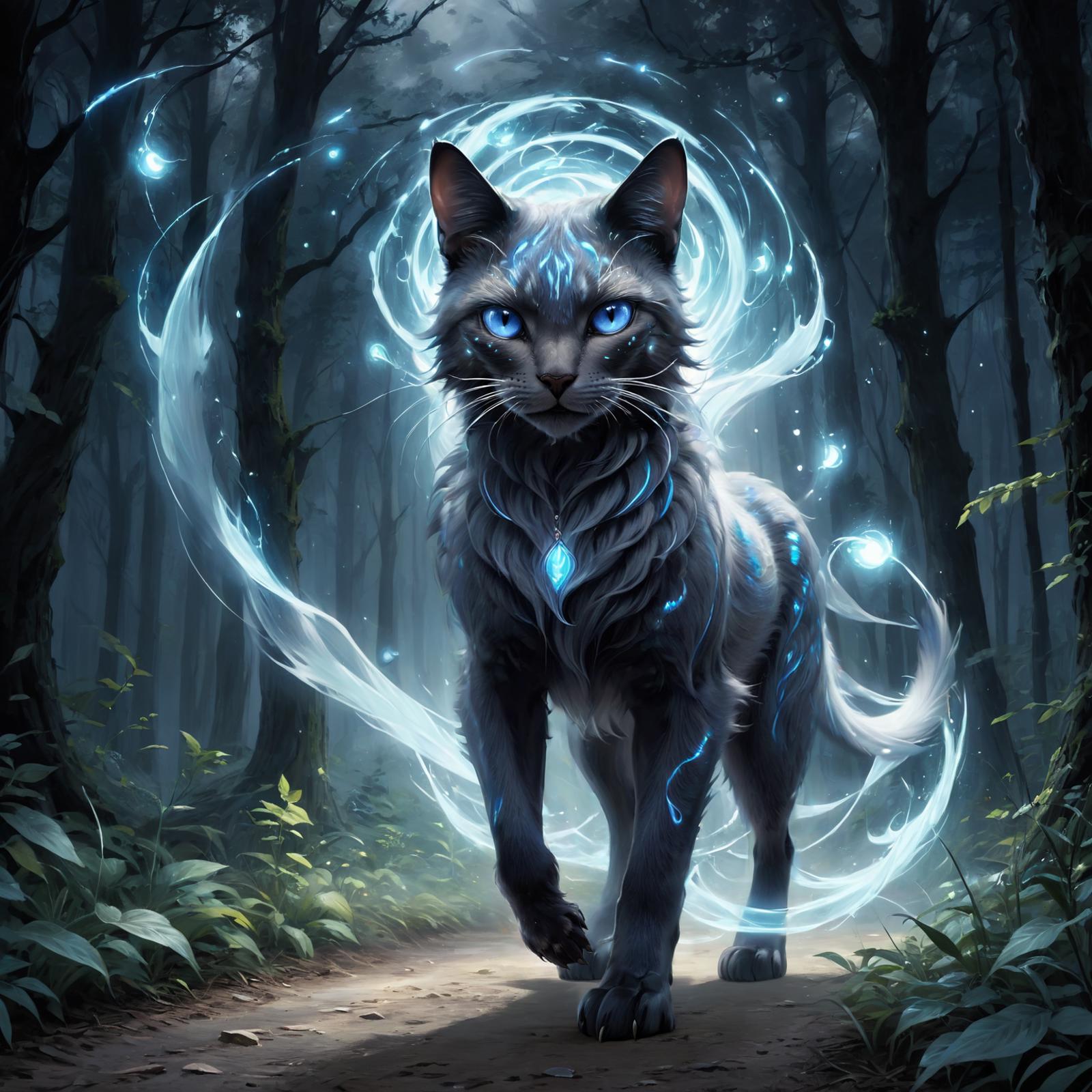 A blue-eyed cat with blue lightning streaks on its back, walking through a forest trail.