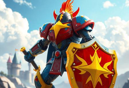 Epic Knight of the Morning Star robot, Cloudcastle backdrop, blue, red, yellow mosaic armor, striking red/yellow shield, sword, black head, white face. Dynamic action pose, playful design. Splash ink illustration, Octane render, Unreal Engine 5, Raphael style, Houdini style, vivid emotions, joyful impact. High-res, 4K, exceptional quality, lifelike details, handcrafted, sharp lines, stunning colors, harmonious colors, contemporary aesthetics, beautiful matte painting, impeccable composition, creative angle, attractive background, balanced editing, intentional focus, captivating lighting, Grammer Effect style, Artstation trending, golden ratio.