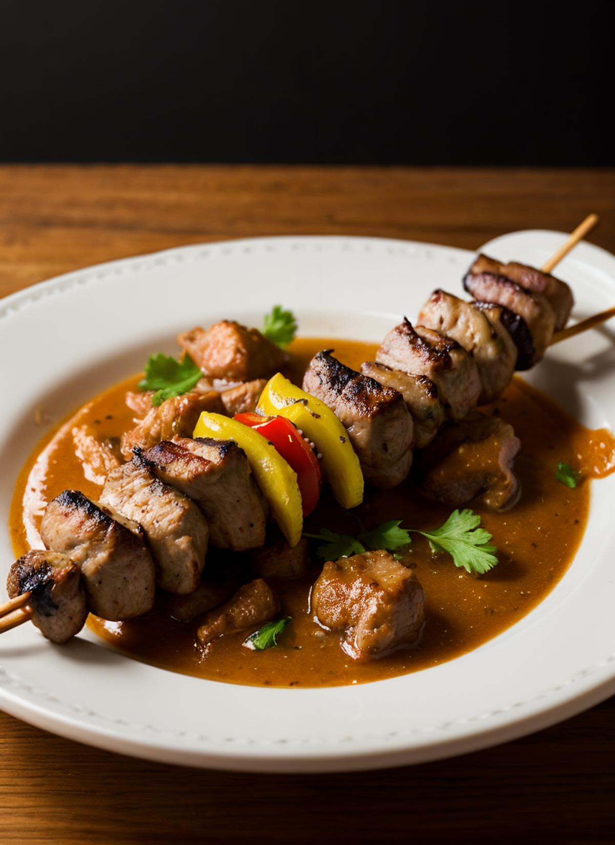 A Delicious Meal of Kebab Skewers with Vegetables and Sauce on a White Plate