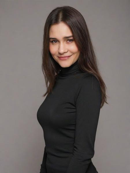 Portrait photo of al3ss4n3grin1, black turtleneck blouse, white background, face smiling