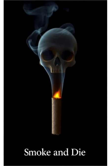 A hauntingly captivating close-up of a smoking cigarette, captured at an angle that emphasizes the glowing end. The smoke rises from the cigarette, forming a distinct and eerie skull shape. The background is a deep, void-like black, focusing the viewer's attention on the cigarette and the ominous smoke formation. The overall atmosphere is dark, mysterious, and slightly surreal.. Text below the poster "Smoke and Die"