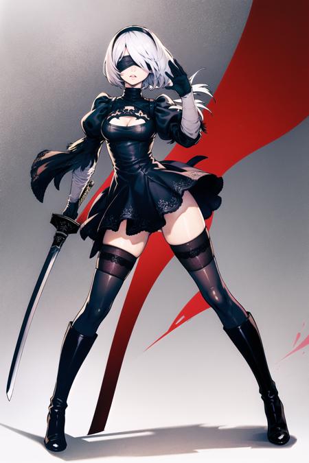 1girl, yorha no. 2 type b, blindfold, thighhighs, weapon, sword, dress, black dress, white hair, boots, black blindfold, solo, clothing cutout, hairband, gloves, high heels, cleavage cutout, thigh boots, breasts, high heel boots, short hair, black thighhighs, mole, puffy sleeves, mole under mouth, full body, holding, thighhighs under boots, long sleeves, black footwear, holding weapon, feather-trimmed sleeves, medium breasts, holding sword, black hairband, katana, juliet sleeves, cleavage, <lora:Yasuda akira:0.8>