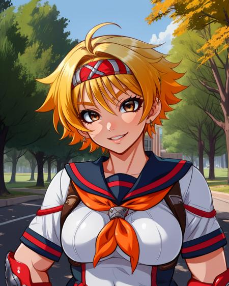 Kamikaze,short hair,blonde hair,brown eyes,red neckerchief,
red gauntlets,school school uniform,orange bike shorts,headband,red boots,pleated skirt,
standing,upper body,
park,outdoors,smile,
(insanely detailed, beautiful detailed face, beautiful detailed eyes, masterpiece, best quality),<lora:KamikazeOuka-10KKv8:0.8>,