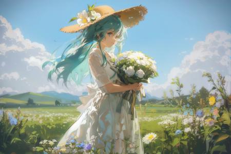 kahuka1, 1girl, flower, dress, solo, hat, white dress, long hair, bouquet, white flower, holding, outdoors, field, white headwear, flower field, holding bouquet, skirt hold, standing, sun hat, ribbon, holding flower, hatsune miku, bow, aqua hair,light,sunlight,,<lora:loahrenrustyle_noise:0.9>