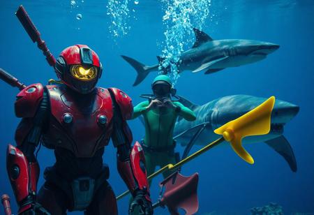 "A hyperdetailed cinematic underwater scene featuring three dynamic characters. In the foreground, a vibrant red Aqua Armor Ninja robot stands out, equipped with a large headlight and a smaller one on its chest, exuding readiness for an underwater adventure. It holds a yellow Cannonball Spear Shellfish, adding a playful element. In the middle, a scuba diver in a green wetsuit mirrors the robot’s action, also holding a yellow Cannonball Spear Shellfish, creating balance and focus. In the background, a grimdark Spider Shark swims, adding movement and dynamism to the scene. The blue watercolor Deep Sea backdrop provides a realistic underwater setting, enhancing the visual appeal. Rendered in Octane and Unreal Engine 5, with 4K resolution, lifelike details, sharp lines, and stunning, harmonious colors. The composition is impeccable, with captivating lighting, balanced editing, and a creative angle, trending on ArtStation, CGSociety, and ArtStationHQ. Inspired by the styles of Raphael, Houdini, and Grammer Effect, with vivid emotions and a powerful message. The scene evokes a playful yet adventurous underwater narrative, showcasing handcrafted precision and a sense of imaginative storytelling."