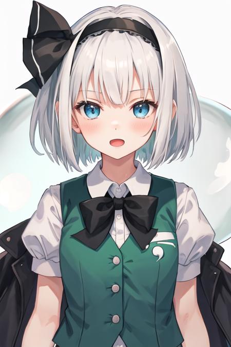 best quality, masterpiece, highres, solo, {konpaku_youmu_touhou:1.15}, short_hair, ribbon, hairband, black_hairband, hair_ribbon, black_ribbon, bangs, white_hair, vest, blue_eyes, green_vest, sword, katana, hitodama, bow, blush, upper_body, black_bow, grey_hair, 1girl, black_bowtie, bowtie, collared_shirt, shirt, white_shirt, simple_background, puffy_short_sleeves, short_sleeves, looking_at_viewer, puffy_sleeves, green_eyes, white_background, open_mouth