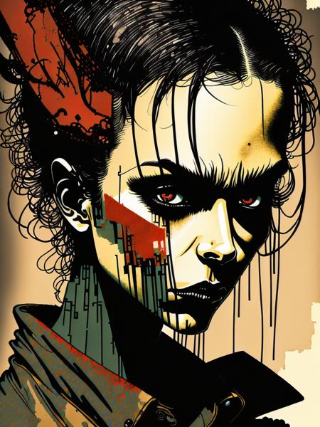 <lora:DaveMcKean:1>forward-facing, older,more grunge, style of Dave McKean;illustration of a cyber punk woman very short dark hair wearing grungy clothes, sketchy, close up, intricately detailed eyes, red; limited color palette, faded colors, in the style of kurt vonnegut