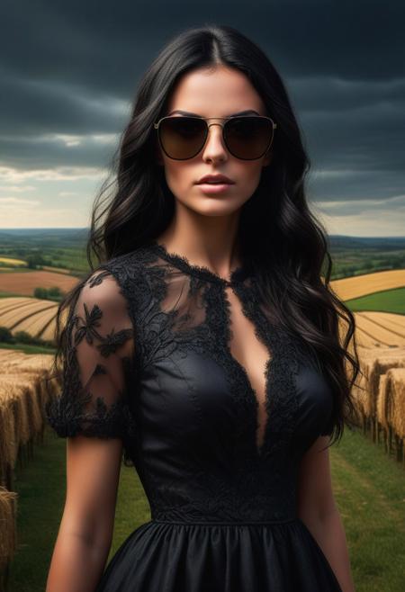 (best quality, 8K, high resolution, masterpiece), ultra detailed, (3D CGI), black sunglasses, trendy, fashionable, 1girl, long black hair, long black fancy dress,  on a black background, countryside advertising, winning photo,