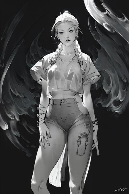 (monochrome), sketch, (hand well), (finger well), (long braided hair), (bangs), with in frame, ultra-detailed, 8k, masterpiece, beautiful detailed face, (volumetric lighting), beautiful detailed eyes, (ambient light), realistic shadows, (fullbody:1), (1girl), (cowboy shot), shirts, pants, looking at viewer, perfect body, body well:1, leg well:1, arm well:1