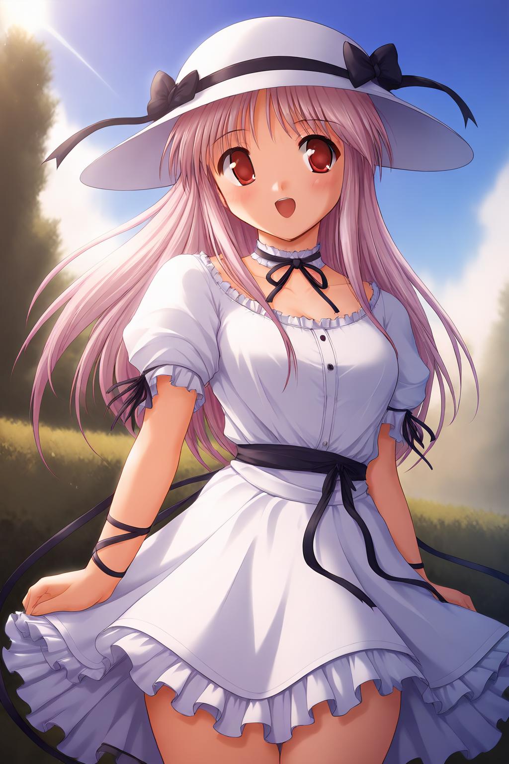 hat,sun hat,white headwear,bow,ribbon,black ribbon,hat ribbon,sundress,neck ribbon,white dress,short sleeves,frills,ribbon trim,arm ribbon,wrist ribbon,,<lora:oduchitose_pony_v1-1:0.8>, Score_9, Score_8_up, Score_7_up, Score_6_up, Score_5_up, Score_4_up, BREAK,1girl in full growth, best quality, masterpiece, ultra-detailed, high quality,good quality,1 girl,(master piece,high resolution, ultra detailed,8K,16K),look at viewer