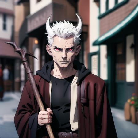 highly detailed analog photo of tiefling, 


male focus, solo, looking at viewer, 1boy, jacket, white hair, horns, staff, stubble, holding staff  full body, blurry, blurry background, realistic:1.3, depth of field, medieval street

masterpiece, best quality:1.1, 


depth of field:1.1, 
(analog photography:1.2),
(god rays:1.2),
(lens flare:1.2),



