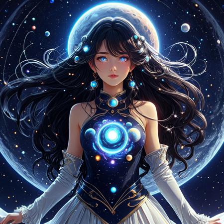 1girl, celestial body, glowing eyes, orbiting moons around hair, magic space aura, otherworldly beauty, best quality, anime artstyle, cosmic fashion, space-themed outfit, masterpiece