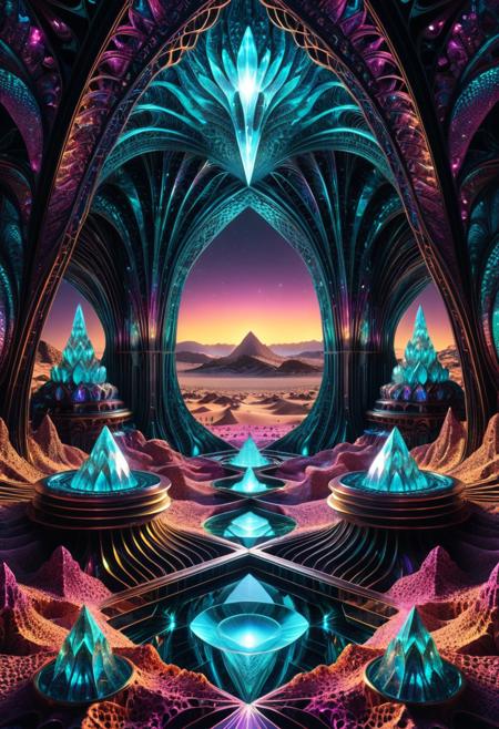 surreal geometric landscape, fractal architecture, intricate crystal structures, glowing ambient lights, ultra-detailed, dreamlike atmosphere, alien desert environment, symmetrical design, cinematic lighting, 8k, sharp focus, majestic scale, inspired by sci-fi and mathematical patterns, Fractangles