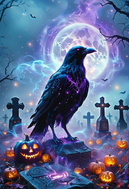 Mystic Lumina,large menacing crow, crow focused, Halloween, spooky, haunted, graveyard full of pumpkin, ethereal, dreamy, purple glow, blue mist, masterpiece (black:1.5), (gray:1.5).