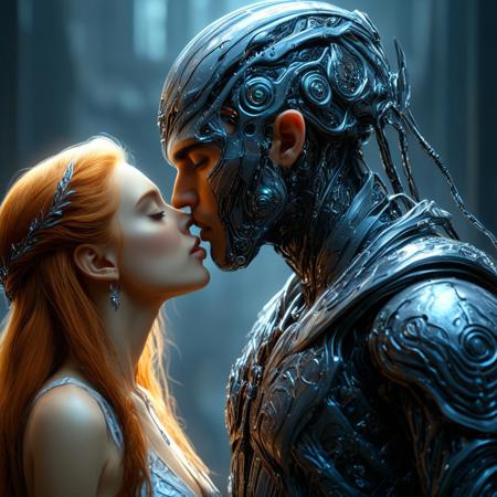 brutal biomechanical cyborg man kissing a beautiful elven queen, magical, sci-fi, beautiful, unimaginable, 
very dramatic, naturalistic, photorealistic, highly detailed digital art, science vs fantasy, 
accurate intricate and realistic anatomy, 
soft lighting, Cinematic, Color Grading, Editorial Photography, volumetric lighting, atmospheric, Photography,