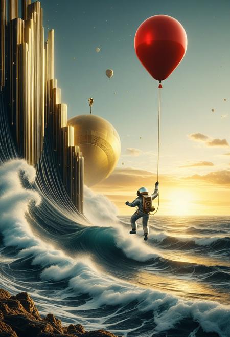 RetroBG,
A figure in a space suit climbing an impossibly tall wave, reaching for a floating golden key at the top,  cinemascope, mesmerizing downfall, historical depth, luminous atmosphere, red balloon,mysterious and eerie landscape, sense of curiosity, worn and textured palette, zPDXL , soft-focus