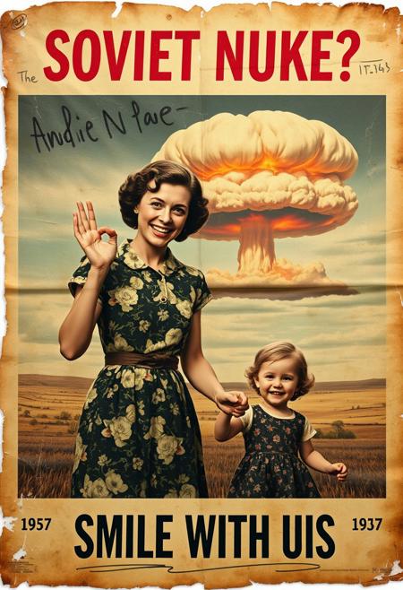 “A decayed, vintage-style poster from 1957, weathered and torn, depicting a surreal American country scene. The faded image shows a woman in a floral-patterned 1950s dress holding her young daughter’s hand with one hand, while making an exaggerated ‘OK’ sign with her other hand. Her wide, mad smile radiates an eerie and unsettling charm. In the far background, a massive nuclear mushroom cloud dominates the sky, with fiery orange fireballs at its base and visible blast waves rippling through the landscape. The poster’s bold text, ‘SOVIET NUKE?’ across the upper section and ‘SMILE WITH US’ in the lower section, is faded, smeared, and inked with scribbles and stains. The paper appears rotten, with tears, creases, and discolored edges, amplifying the eerie and apocalyptic tone of the piece.”