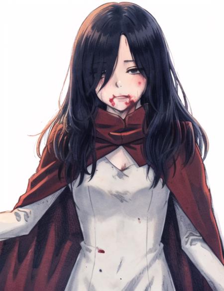 <lora:NoraHappiness-08:0.7>  NoraHappiness, 1girl, solo, simple background, white background, standing, cape, blood, cloak, hair over eyes, upper body,