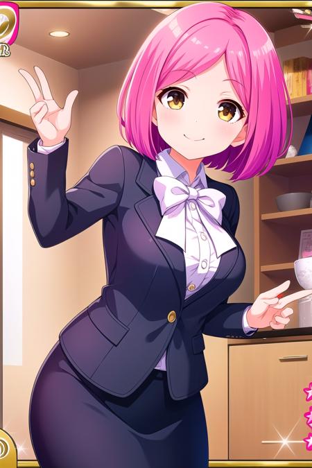 (masterpiece, best quality), highly detailed background, perfect lightingbest quality, tachibanakyouko, solo, pink hair, short hair, brown eyes, yellow eyes, black jacket, suit, white shirt, white bowtie, black skirt, skirt suit, pencil skirt, smile, closed mouth, pink lips, <lora:Tachibana-Kyouko:0.7>