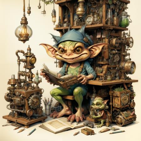 DiterlizziArtAI {  
 gremlin inventor tinkering a steampunk machine
 }  whimsical, 
Highly detailed, intricate, pastel and pencil sketch,  (amazing,  trending on artstation,  detailed background:1.1) 