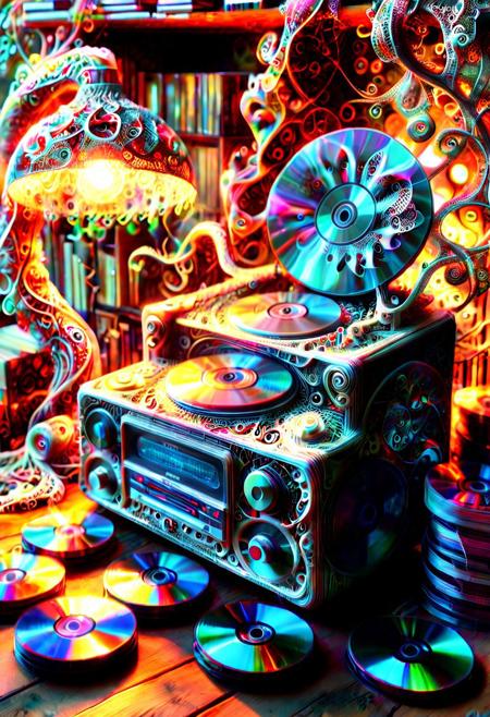auralora, Fractangles, ral-frctlgmtry, fractal-flame, fractalex, fractalvines, PG-TR. A nostalgic scene: A (vintage CD player:1.5) sits atop a dusty wooden shelf, glowing from inside, motionblur, surrounded by stacks of worn-out jewel cases, each containing a prized collection of CDs. The warm glow of a retro lamp made from fractal vines casts a soft light on the cluttered space, as if illuminating the memories of a bygone era. In the foreground covered in fractal vines, a few select CDs are arranged in a deliberate pattern made of cd's made out of fractangles, like a fractal, symbolizing the beauty and complexity of the music that once filled these discs.