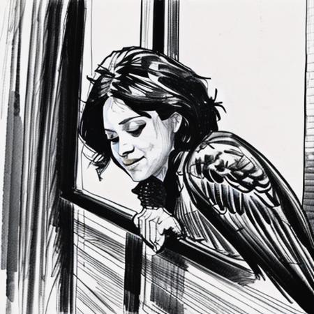 basic line sketch of raven flying outside window, ((low detail)) gesture sketch, monochrome,  ((shading:0)), ((crosshatch:0)) <lora:QueratoLora (em-mix):1> <lora:celeb_Pencil_Sketch:1>