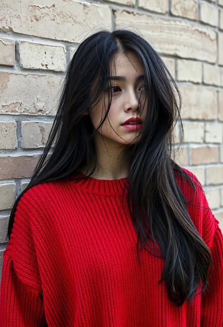 Create a photorealistic image depicting a young woman with long, flowing black hair. Her hair should have a slightly tousled and natural appearance, cascading over her shoulders and down her back. She is wearing a vibrant, solid red, oversized knit sweater with a crew neck. The sweater should appear soft and cozy, with visible texture in the knit. The lighting should be soft and diffused, avoiding harsh shadows, suggesting an overcast day or indoor lighting near a window. Her skin tone appears fair with a subtle, natural complexion. Her gaze is directed slightly off-camera to her right, with a contemplative or slightly surprised expression. Her lips are full and naturally shaped. The background should consist of a textured, light-colored brick wall with variations in tone and some subtle weathering or discoloration to add realism. The bricks should be arranged in a standard running bond pattern. The overall mood should be slightly melancholic yet serene, emphasizing the woman's natural beauty and the simplicity of her attire against the urban backdrop. Ensure the focus is sharp on the woman, with a shallow depth of field subtly blurring the background to draw attention to her. Pay close attention to the details of her hair, the texture of the sweater, and the subtle nuances of her facial expression to create a compelling and lifelike image.