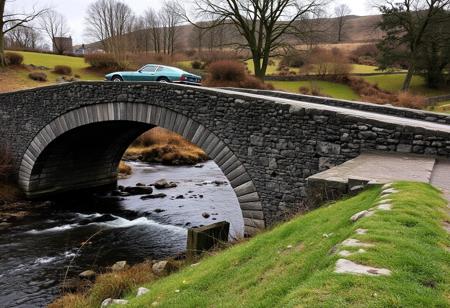 A picture of Aston Martin Lagonda 1976 yfg-sde on an old stone bridge over a stream in Scotland. Perpendicular shot from the side.