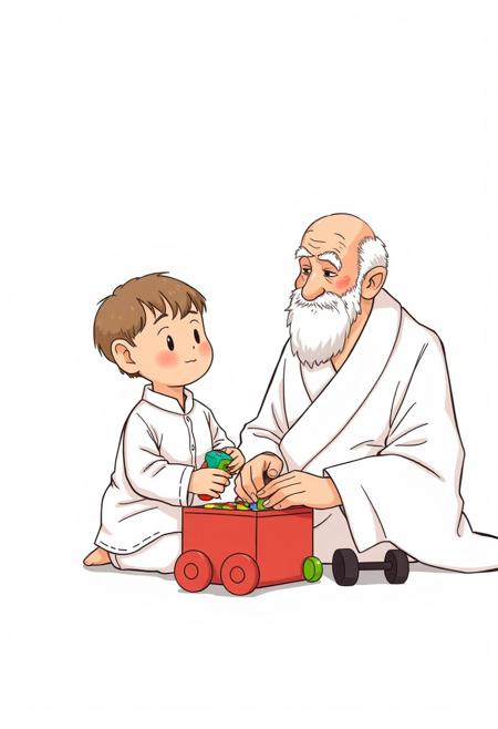 The Child's Toys & the Old Man's Reasons, white attire, comic illustration style, blue, light red, and white background, beautiful composition, harmonious and serene atmosphere, subtle smile, expressive linework, soft shading, balanced color palette, gentle contrast, warm and inviting mood, minimalistic yet detailed, storytelling elements, elegant simplicity