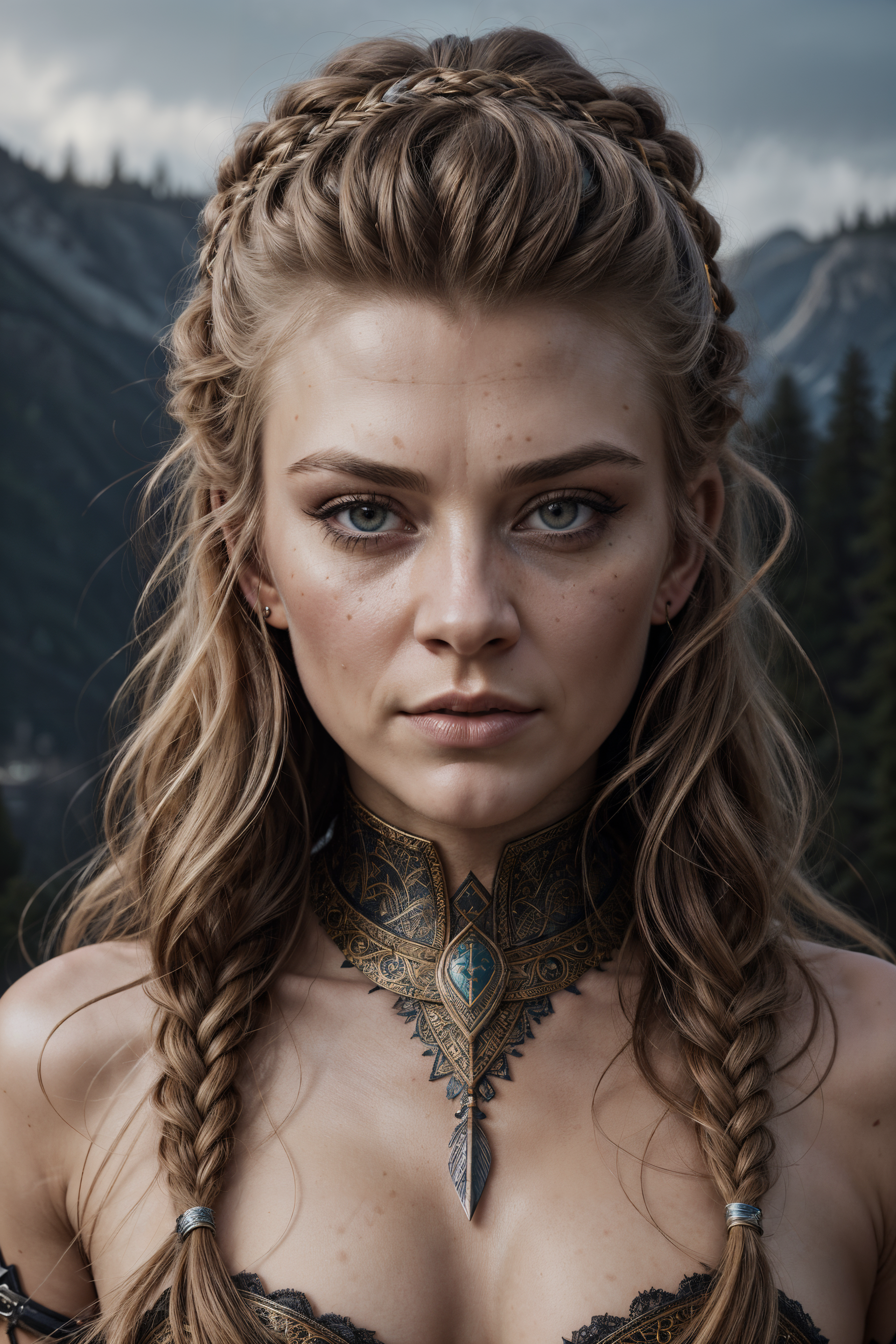 A stunning intricate full color portrait of (sks woman:1) as (viking warrior), (barbarian), epic character composition, by...