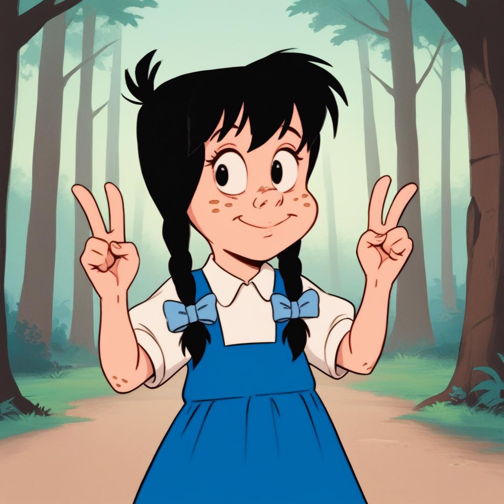 score_9_up, score_8_up, BREAK, DotHugson, 1girl, solo, black hair, twin braids, black eyes, freckles, hair bow, white shirt, short sleeves, blue dress, cowboy shot, <lora:DotHugson_TheOzKids_PXL_Leaf1:1>, outdoors, forest, double v,