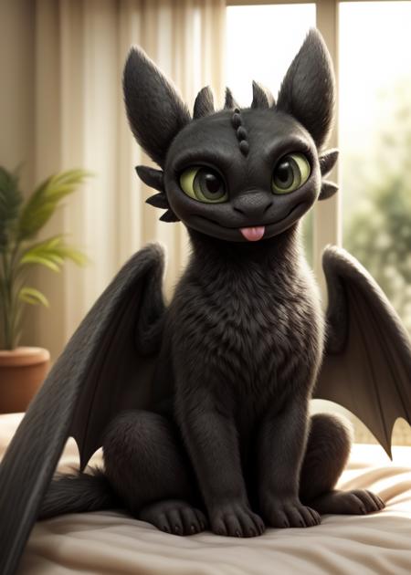 feral (fluffy:1.15) (toothless, black fur, black membrane wings, blep, smile) sitting on bed,
sunny day, beach, window, plant, sunlight,
BREAK,
(masterpiece, best quality, ultra realistic, 4k, 2k, (intricate:1.1), (high detail:1.4), film photography, (soft focus:1.1),
RAW photo, photorealistic, analog style, subsurface scattering, photorealism, absurd res)