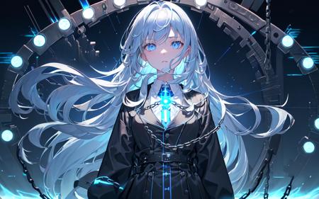 (best quality, masterpiece), (1girl, solo, dress shirt, jacket, expression face, standing, looking at viewer, blue eyes, long hair, upper body), (black room, glowing blue electromagnetic wave clock behind, blowing wind, glowing red chain ring behind,cogwheels, clockwork),