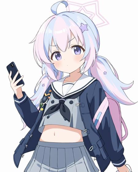 reisa \(blue archive\),1girl, solo, star_hair_ornament, holding_phone, grey_skirt, backpack, star_\(symbol\), white_background, simple_background, squiggle, pleated_skirt, long_sleeves, serafuku, low_twintails, black_neckerchief, ahoge, smartphone, navel, black_jacket, white_sailor_collar, v-shaped_eyebrows, open_clothes, star_halo, closed_mouth, blush, grey_shirt, stuffed_animal, midriff, notice_lines
<lora:reisa_(blue_archive)_image894_2023-11-28:1>halo. gorgeous,key visual, vibrant, studio anime,award-winning, professional, highly detailed,high budget, cinemascope