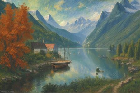 (industrialism:1.1), (impressionism:1), scene painting, a painting, Fjord ,Forest ,