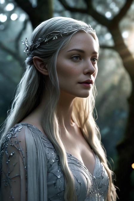 Setting & Atmosphere:
The scene takes place in the heart of LothlÃ³rien, in a dimly lit, ethereal environment with a mystical and otherworldly ambiance. The surrounding area is bathed in a soft, silver-blue light, giving it a dreamlike quality. The light seems to emanate from the trees and water around them.
Galadriel's Expression:
Galadrielâs face is calm and serene, but as she imagines the power of the Ring, her expression changes dramatically. Her eyes widen, glowing with an intense, almost otherworldly light, and her face contorts slightly with a mixture of temptation, power, and latent darkness. Thereâs a sense of immense power brewing within her, restrained yet palpable.
Her Transformation:
As she speaks, thereâs a visual transformation where Galadriel appears larger, more formidable, and otherworldly. Her skin takes on a shimmering, almost metallic hue, with silver and blue tones. Her eyes become brilliantly luminous, glowing with a fierce light that contrasts with the darkness around her. The lighting accentuates the sharpness of her features, giving her a more defined, almost statuesque appearance.
Clothing & Accessories:
Galadriel is wearing a long, flowing white gown made of a delicate, almost translucent material that glows faintly in the low light. The gown has intricate silver embroidery along the edges, with patterns resembling leaves and vines. Her hair is long, golden, and flowing, cascading down her back like a river of light. She wears a simple, elegant silver circlet on her head, adorned with a single white gem in the center.
Lighting & Shadows:
The light around Galadriel is both soft and harsh, creating a duality in her appearance. While her face and upper body are illuminated by a soft, ethereal light, her lower half and the surrounding area are cast in deep shadows, emphasizing the contrast between the light and dark aspects of her character in this moment. The shadows move and flicker subtly, adding to the eerie, powerful atmosphere.
Background Elements:
Behind her, the ancient trees of LothlÃ³rien loom tall, their twisted branches reaching out like dark tendrils. The leaves glisten as if covered in dew, reflecting the faint light. The water in the background is calm, reflecting the soft light of the scene, adding to the mystical feel.
Her Aura:
During the transformation, Galadriel emanates a powerful aura that seems to ripple through the air around her, distorting the space slightly. The air seems to shimmer with energy, and thereâs a sense of awe and dread as she imagines herself as the Dark Queen. The colors around her become more intense, with deep blues, silvers, and blacks dominating the scene.